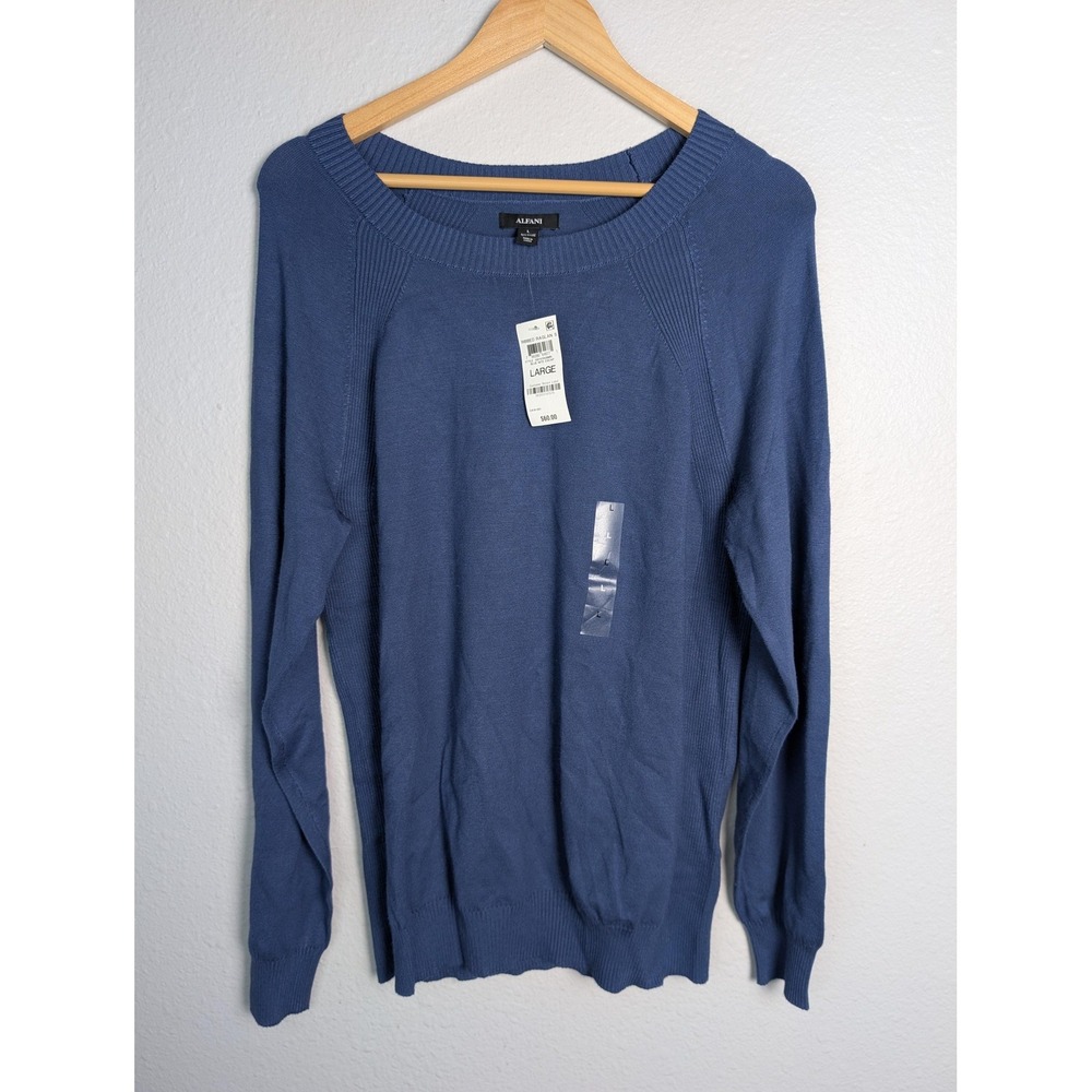 Alfani Sweater Mens Large Blue Rayon Nylon Ribbed Raglan Crew Neck Pullover Knit